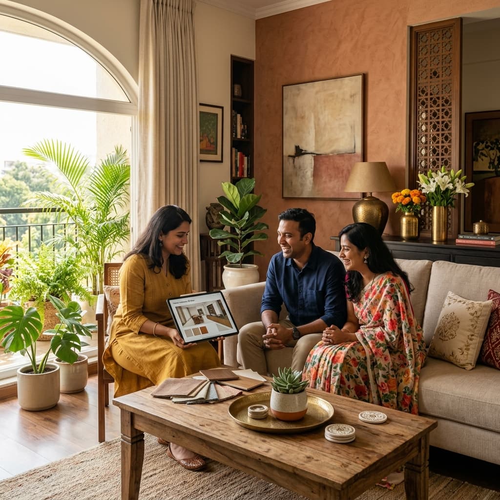 BSI interior designer consulting with a happy Indian couple in Bangalore